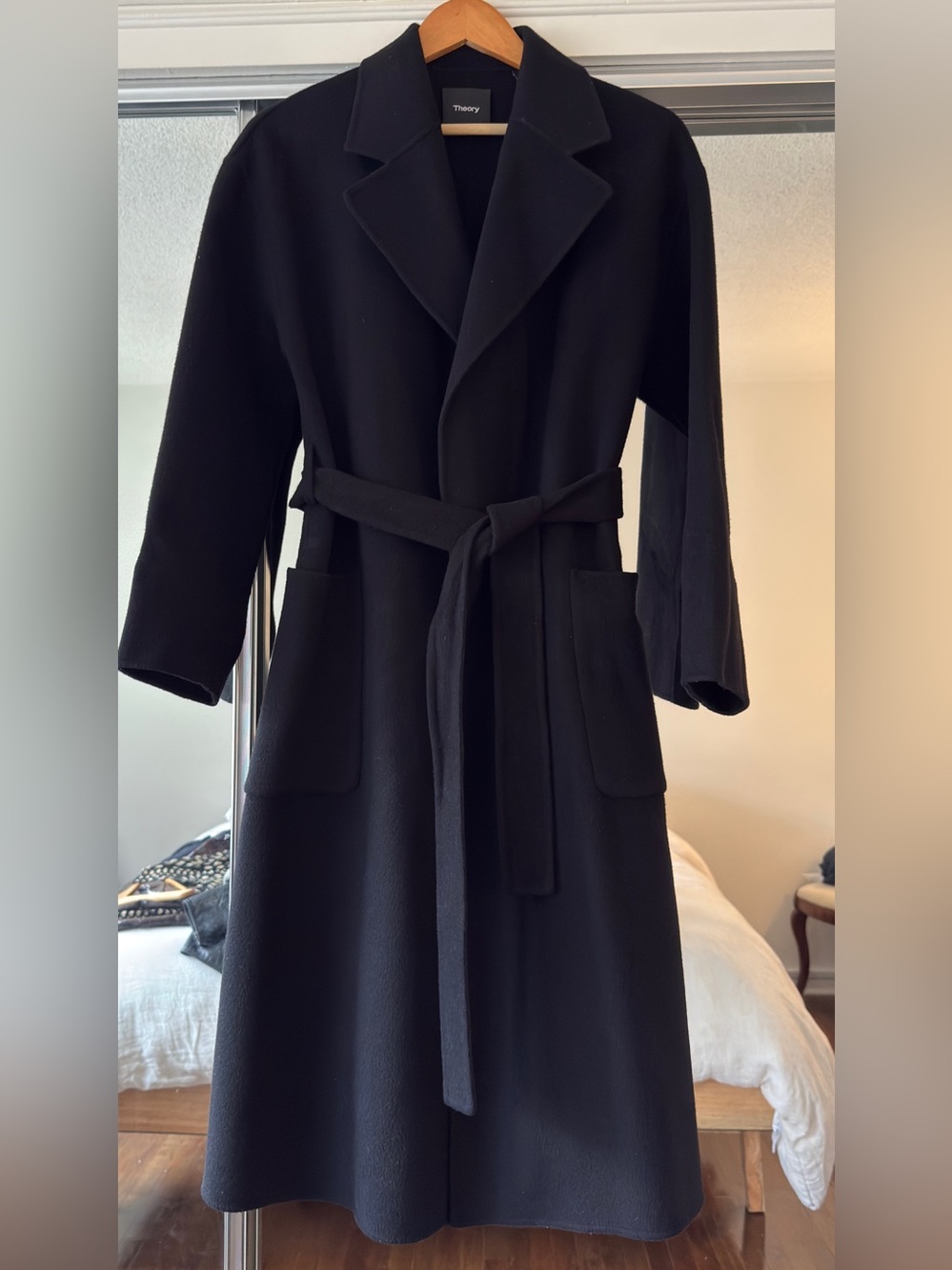 Theory Black Long Wrap Coat with Self-Tie Belt